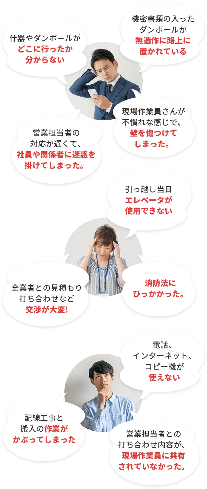 什器やダンボールがどこに行ったか分からない・機密書類の入ったダンボールが無造作に路上に置かれている・その担当者で大丈夫？・什器が連結されたままで動かせない・全業者との見積もり、交渉が大変!・引っ越し当日エレベータが使用できない・消防法にひっかかった。・電話、インターネット、コピー機が使えない・配線工事と搬入の作業がかぶってしまった